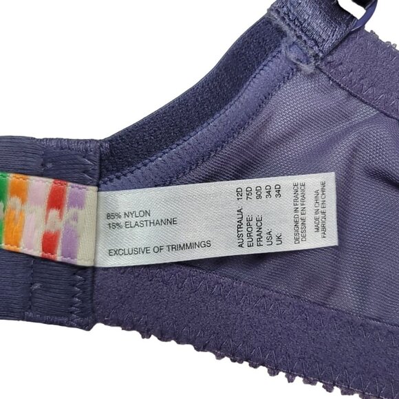 Parfait Floral Underwire Bra Purple 34D Lace Molded Light Pad Adj Plunge Casey - Picture 9 of 9